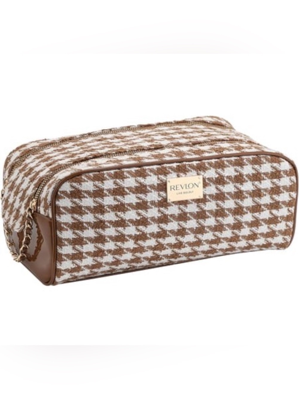 Revlon Tweed Houndstooth Makeup Bag Organizer Travel Case Brown White